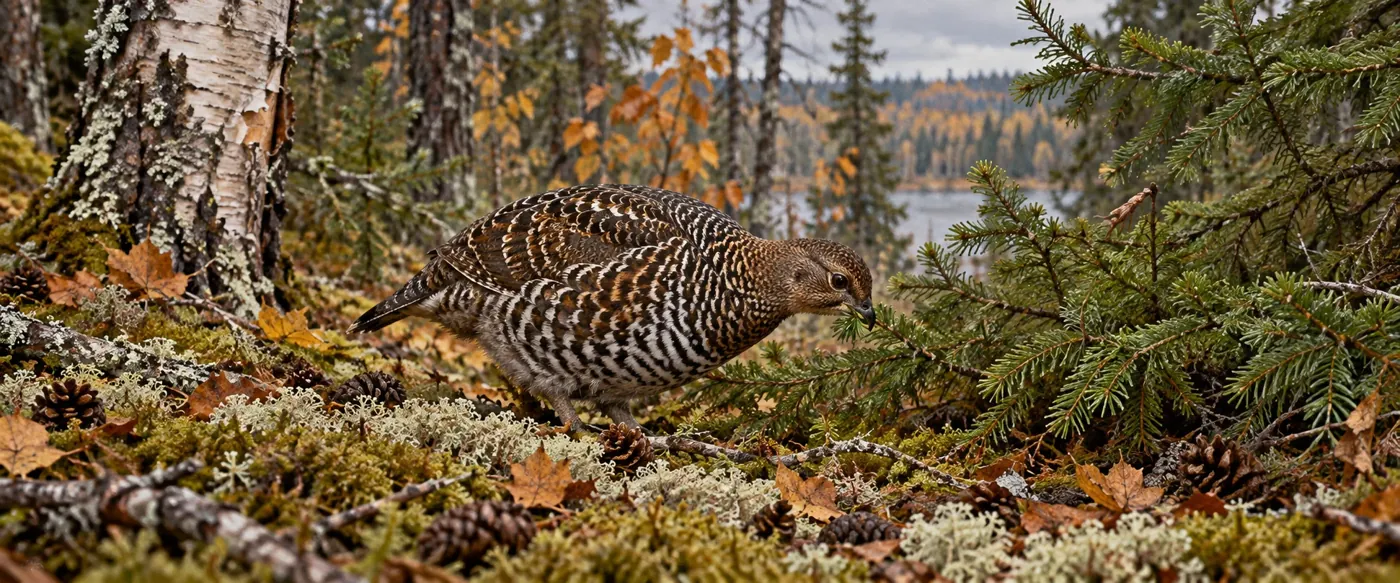 Illustration of a female spruce grouse beside low spruce branches