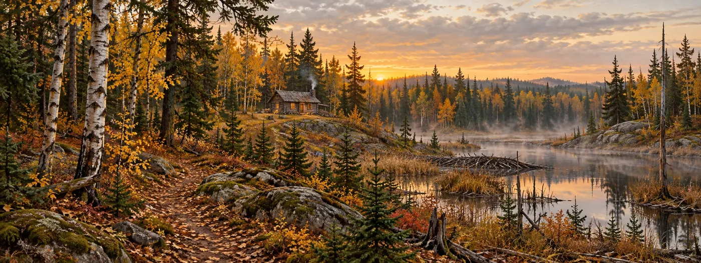 Illustration of an autumn footpath, birch woods and a small Ontario camp beside a pond